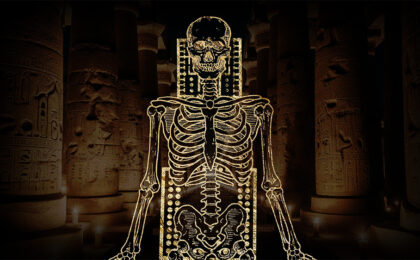 Luxor Temple of Man image of skeleton superimposed over temple